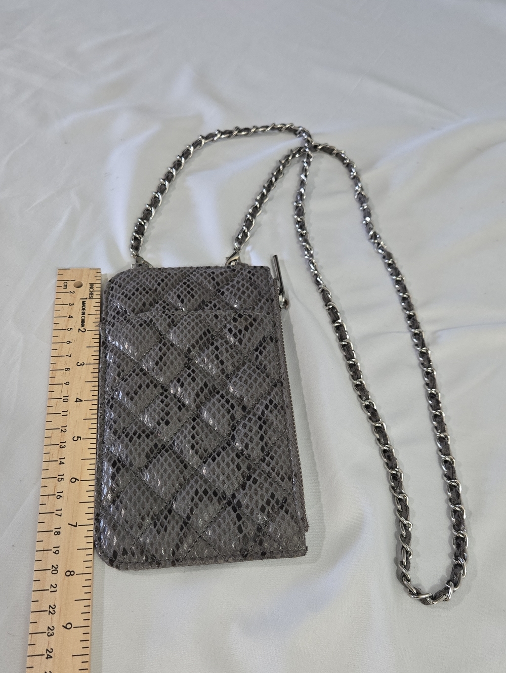 Quilted Gray Crossbody Phone Wallet with Chain Strap